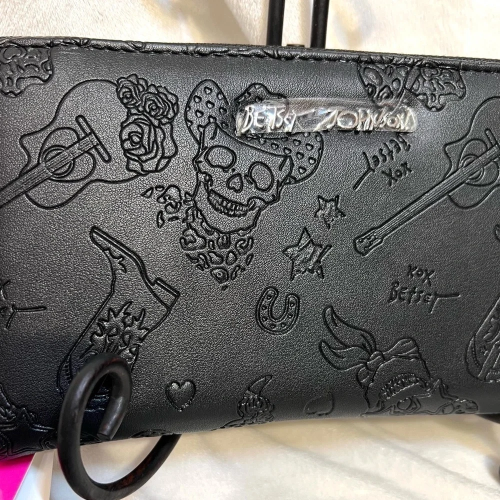 ☠️Betsey Johnson Black Cowboy Boots Skulls Guitars Embossed Wallet/Wristlet☠️NWT